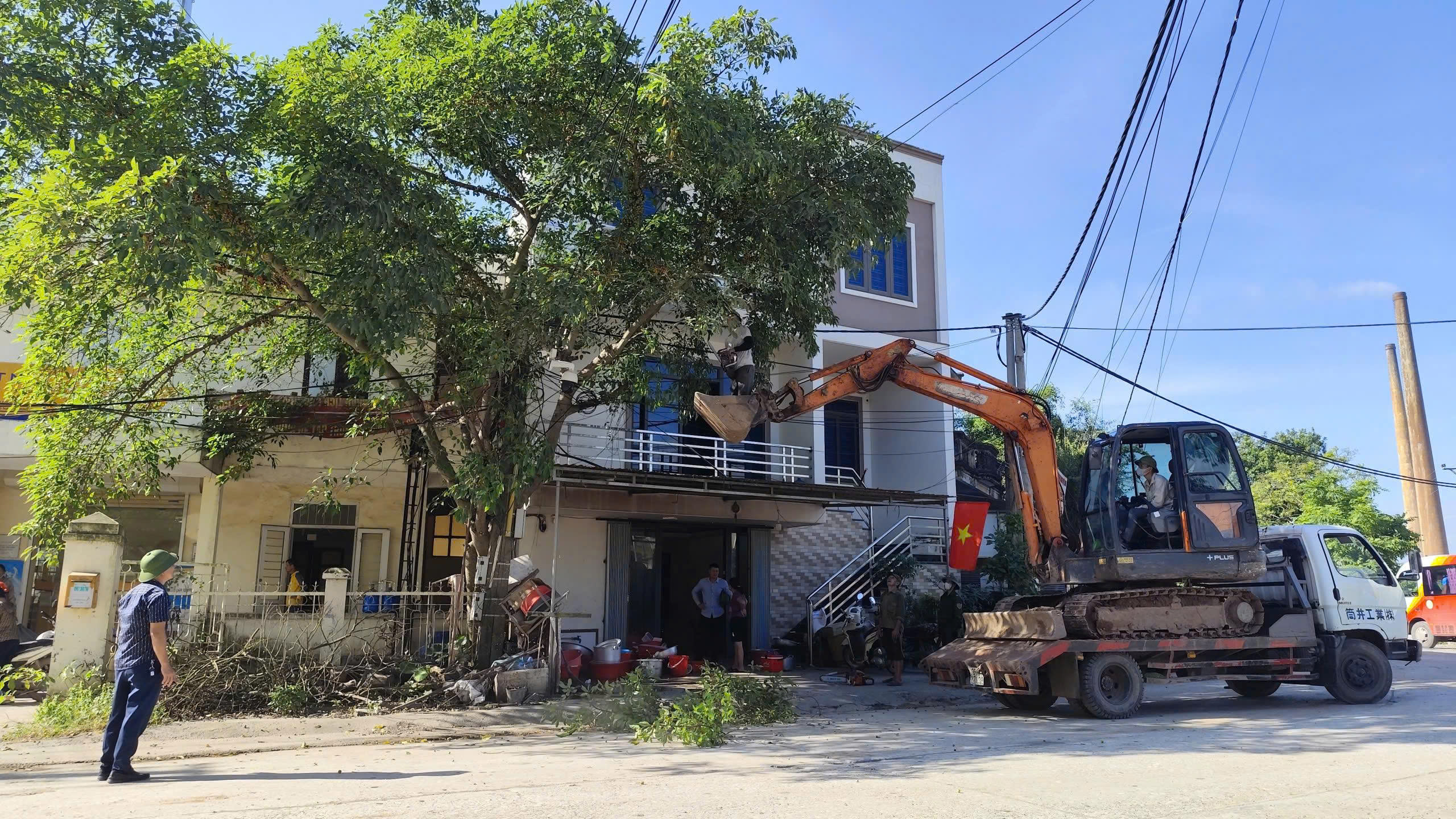 Xã Châu Ninh ra quân giải tỏa vi phạm hành lang giao thông và cắt tỉa cây xanh phòng tránh mưa bão